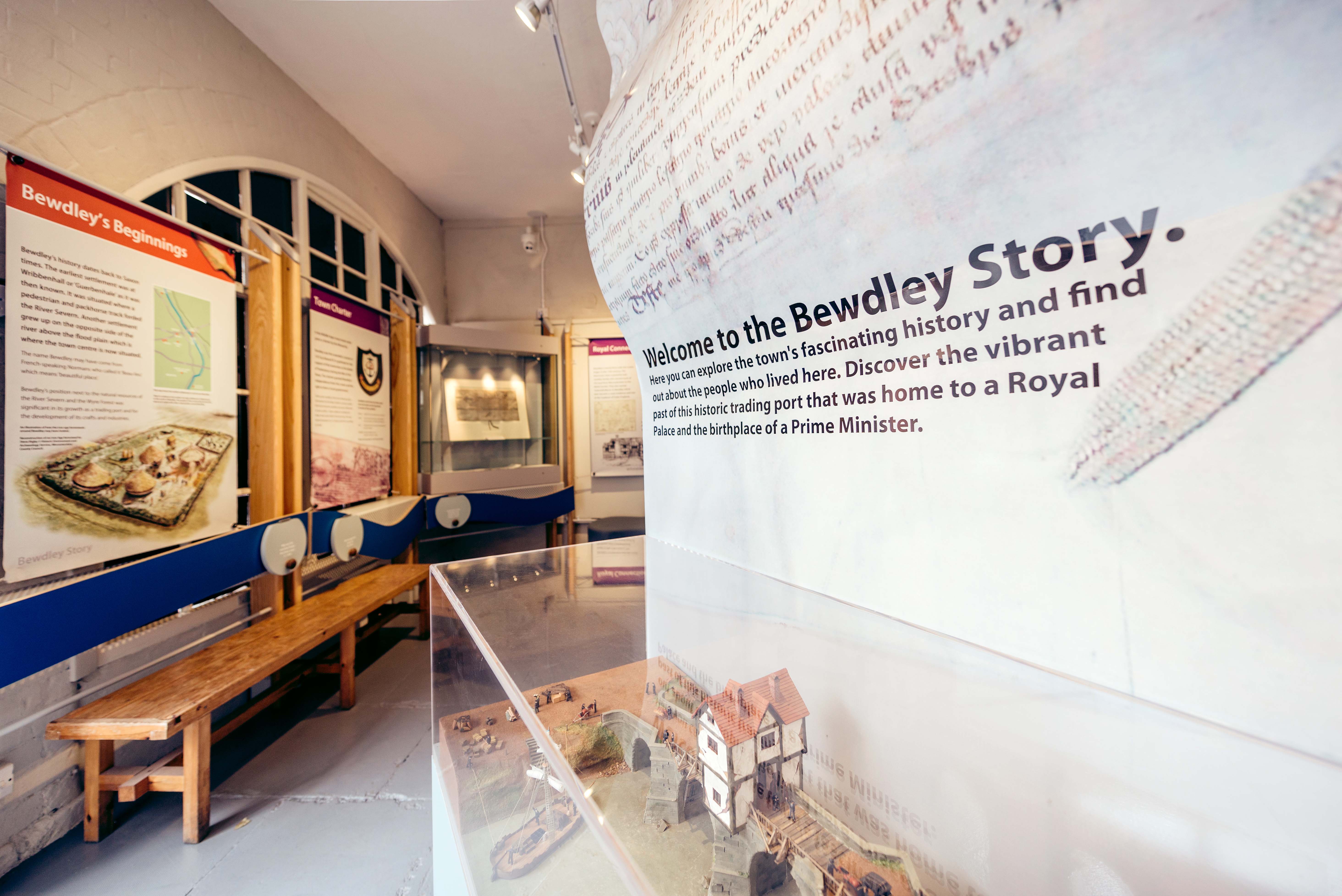 museum exhibition boards (unreadable in image) opposite welcome to the Bewdley Story