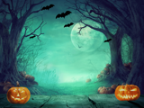 spooky background with pumpkins in foreground