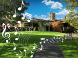 wooden structure in garden area with musical notes overlaid