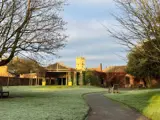 frosty grassed area with wooden frame stage in background