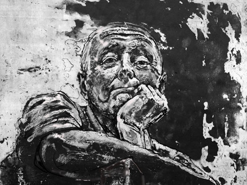 black and white painting of man with head on hand looking down