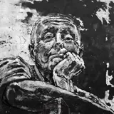 black and white painting of man looking down
